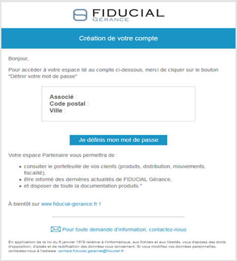 Visuel du mail d'activation à l'espace associés ou partenaires de FIDUCIAL Gérance